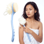 MOTIQO Bath Brush with 2-in-1 Bristles and Loofah, Shower Brush Back Scrubber, Shower Body Brush with Curved Long Handle, for Wet or Dry, Men and Women, Multi Color